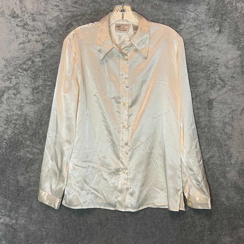 Vtg Kathie Lee Women Satin Button Blouse 6‎ Cream Quiet Luxury Old Money Office
